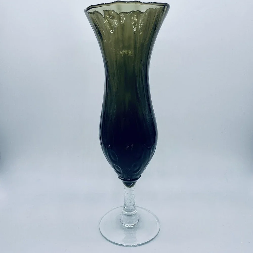 Smoke Glass Handblown Vase Footed Pedestal Textured Ruffled Green Gray 10